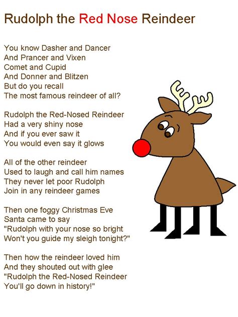 Rudolph the Red-Nosed Reindeer Had a very shiny nose And if you ever saw it You would even say it glows All of the other reindeer Used to laugh and call him names They never let poor Rudolph Join in any reindeer games Then one foggy Christmas Eve Santa came to say Rudolph with your nose so bright Won't you guide my sleigh tonight Then how the ...